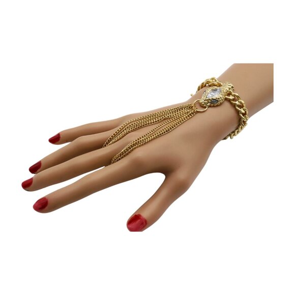 New Women Gold Fashion Bracelet Metal Hand Chain Connected Ring Bling Snake Head - Picture 7 of 17
